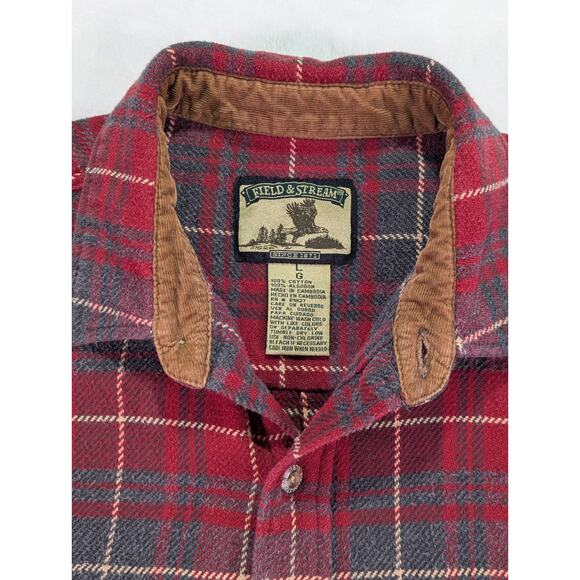 Field & Stream Large Red/Gray Plaid Heavyweight Flannel w/Corduroy Flip Cuff VTG - Picture 6 of 14